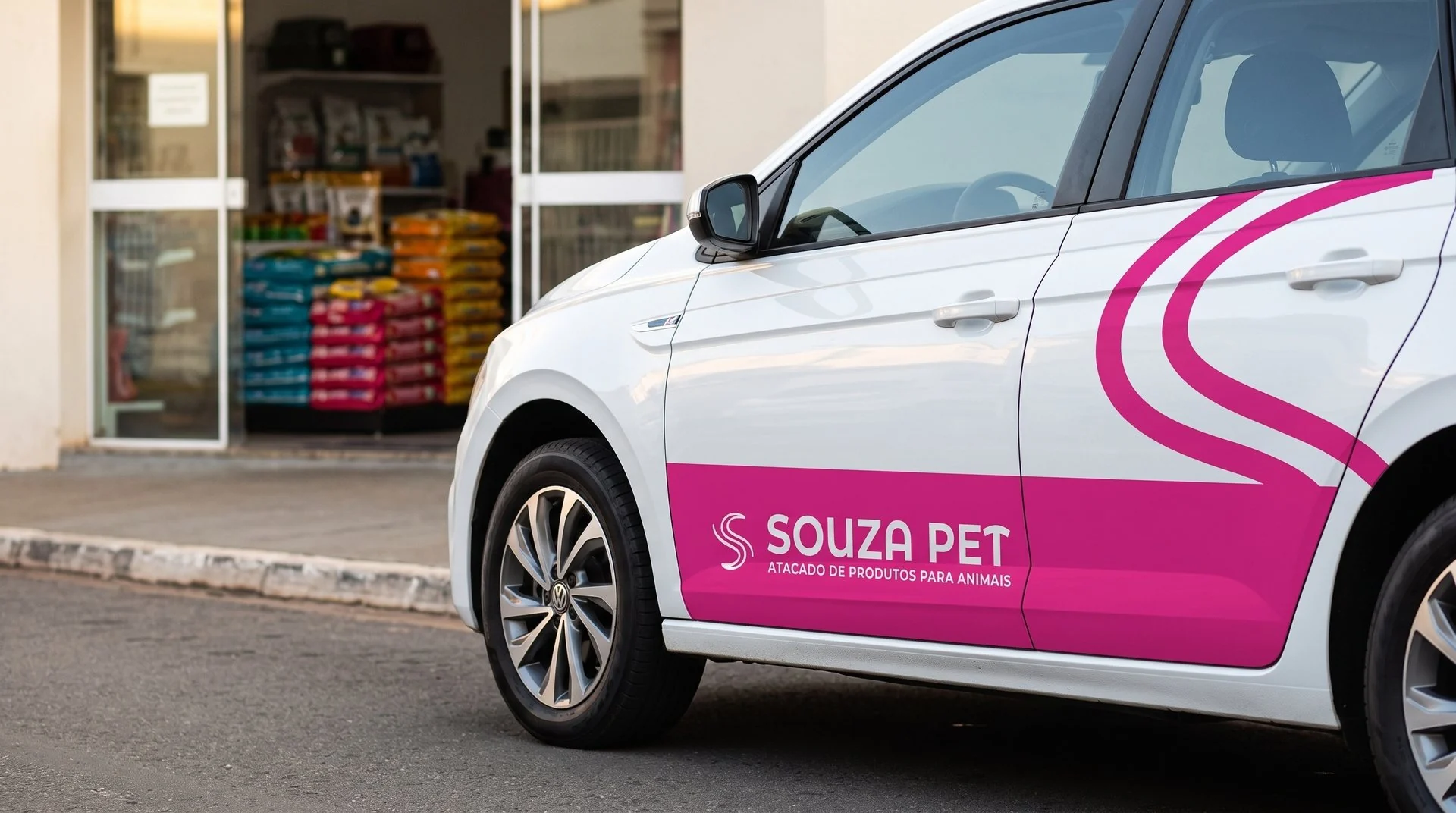 Carro do representante da Souza Pet estacionado na porta de uma loja pet, com sacos de ração empilhados na entrada